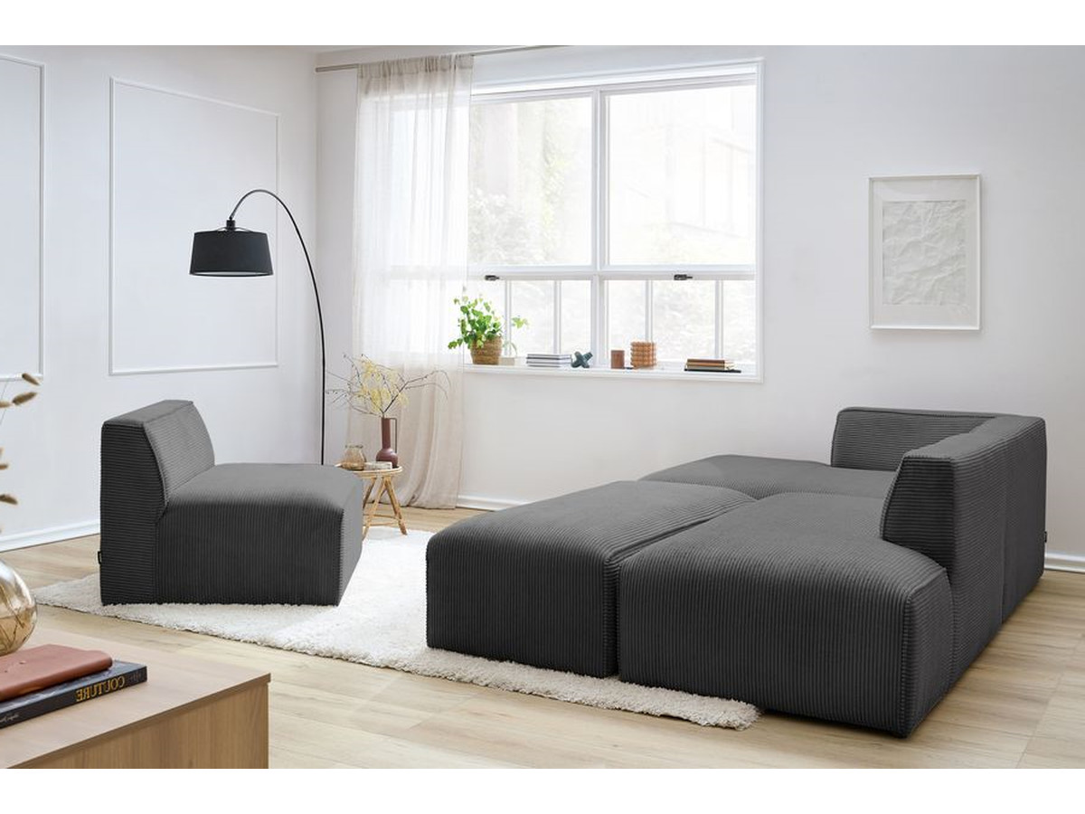 Canapé d'angle fixe modulable MEGEVE tissu velours côtelé avec 1 chauffeuse et 1 pouf