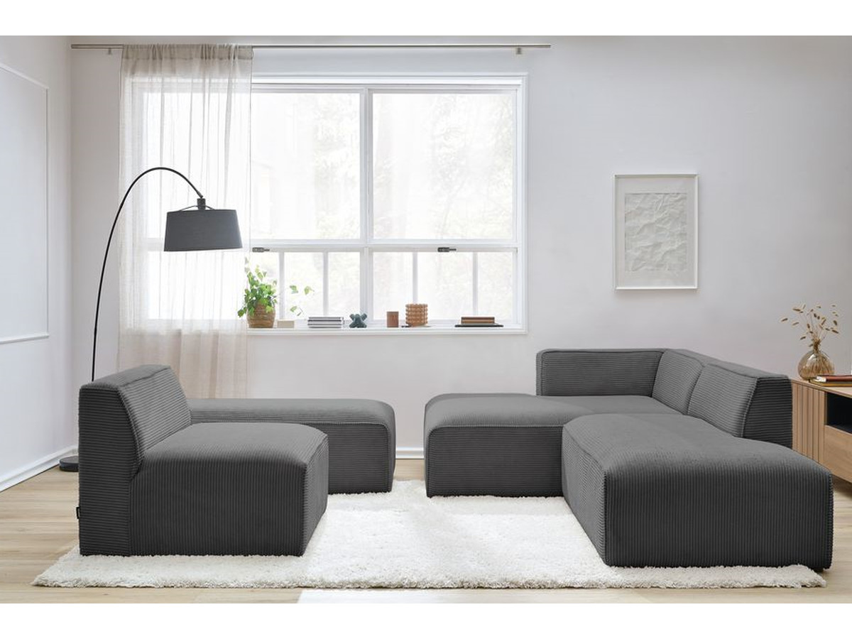 Canapé d'angle fixe modulable MEGEVE tissu velours côtelé avec 1 chauffeuse et 1 pouf