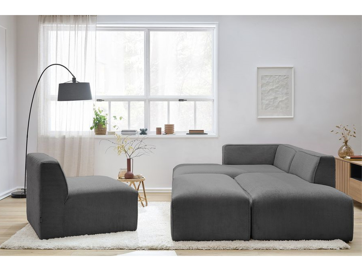 Canapé d'angle fixe modulable MEGEVE tissu velours côtelé avec 1 chauffeuse et 1 pouf