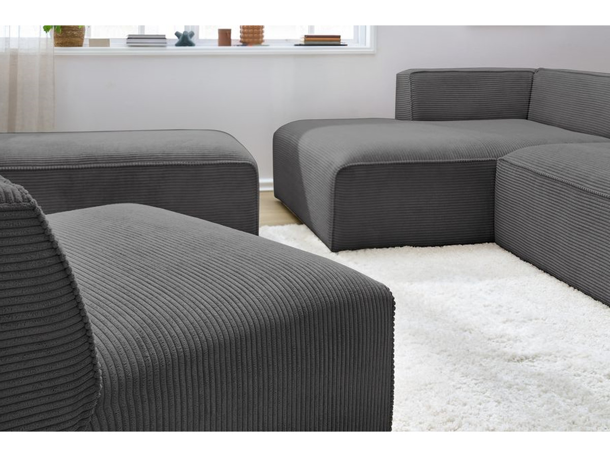 Canapé d'angle fixe modulable MEGEVE tissu velours côtelé avec 1 chauffeuse et 1 pouf