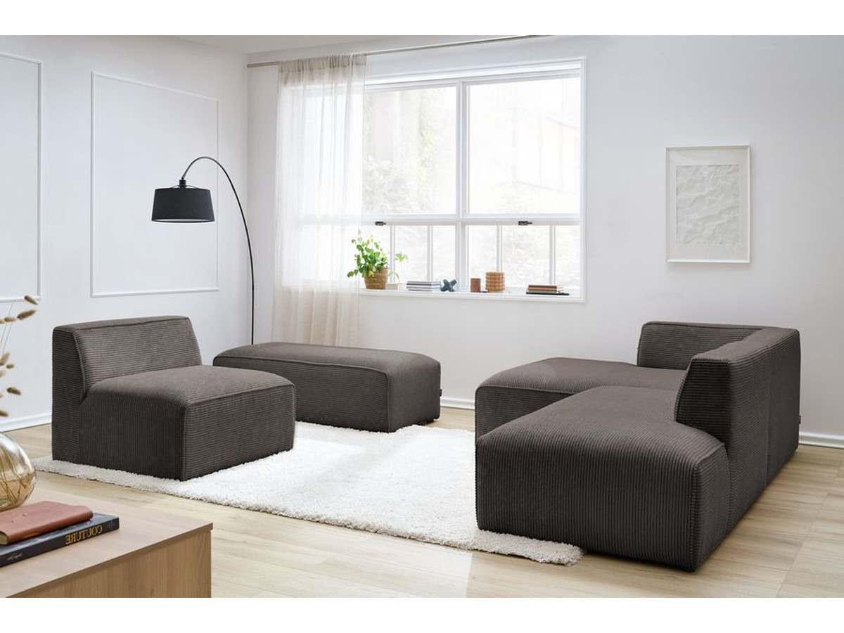 Canapé d'angle fixe modulable MEGEVE tissu velours côtelé avec 1 chauffeuse et 1 pouf marron angle gauche BOBOCHIC 6 places - Vue supplémentaire 3