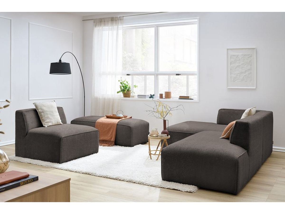 Canapé d'angle fixe modulable MEGEVE tissu velours côtelé avec 1 chauffeuse et 1 pouf