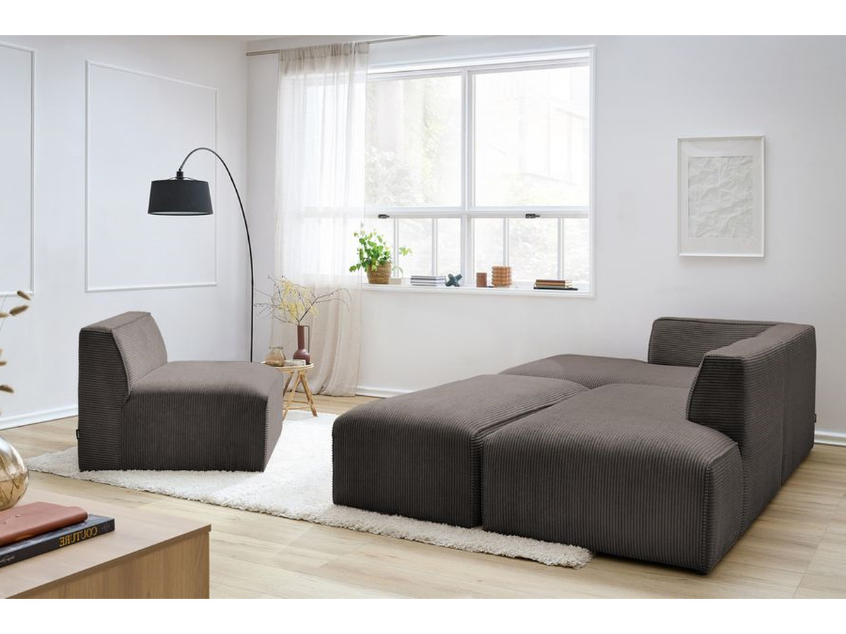 Canapé d'angle fixe modulable MEGEVE tissu velours côtelé avec 1 chauffeuse et 1 pouf