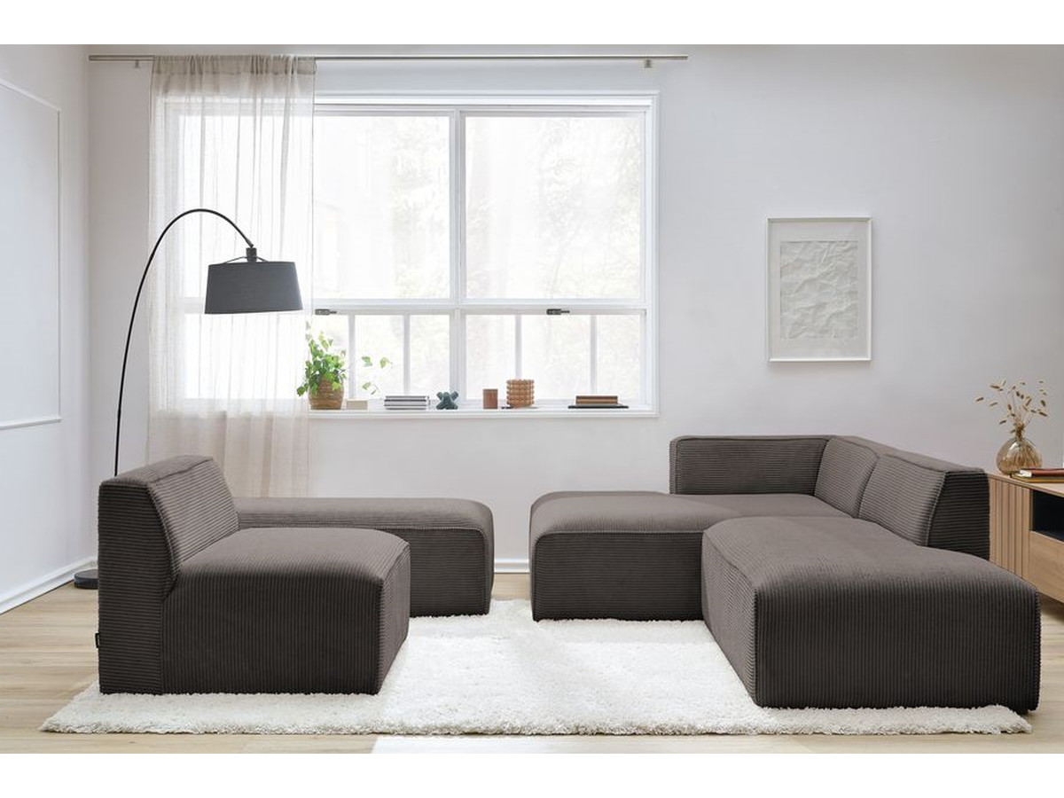 Canapé d'angle fixe modulable MEGEVE tissu velours côtelé avec 1 chauffeuse et 1 pouf