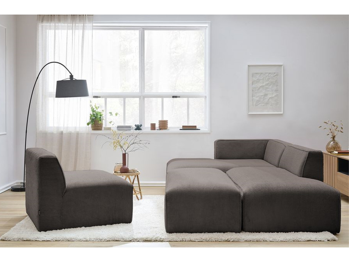 Canapé d'angle fixe modulable MEGEVE tissu velours côtelé avec 1 chauffeuse et 1 pouf