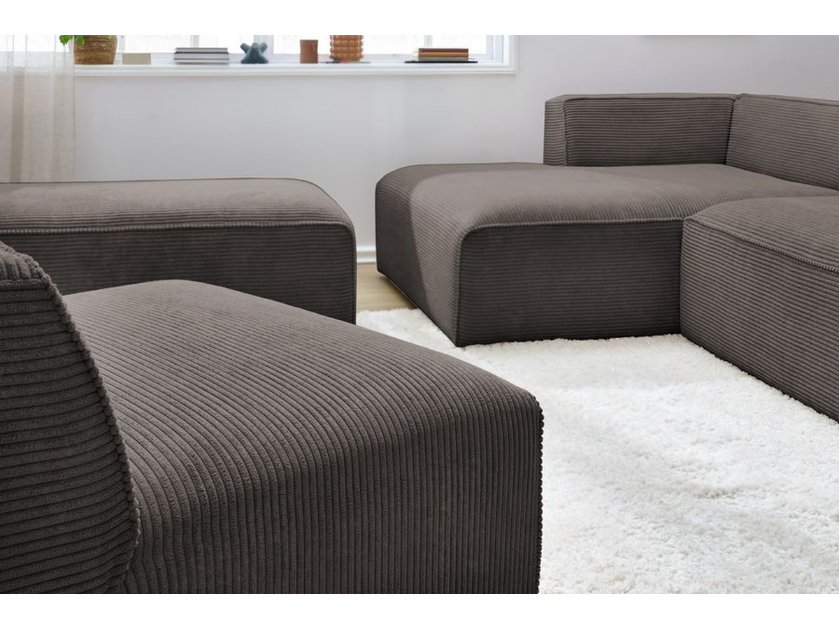 Canapé d'angle fixe modulable MEGEVE tissu velours côtelé avec 1 chauffeuse et 1 pouf