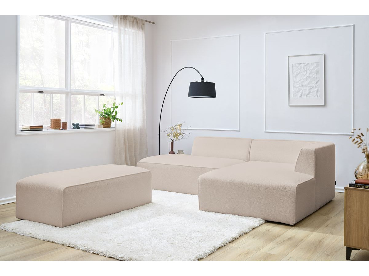 Canapé d'angle fixe modulable MEGEVE tissu bouclette avec pouf