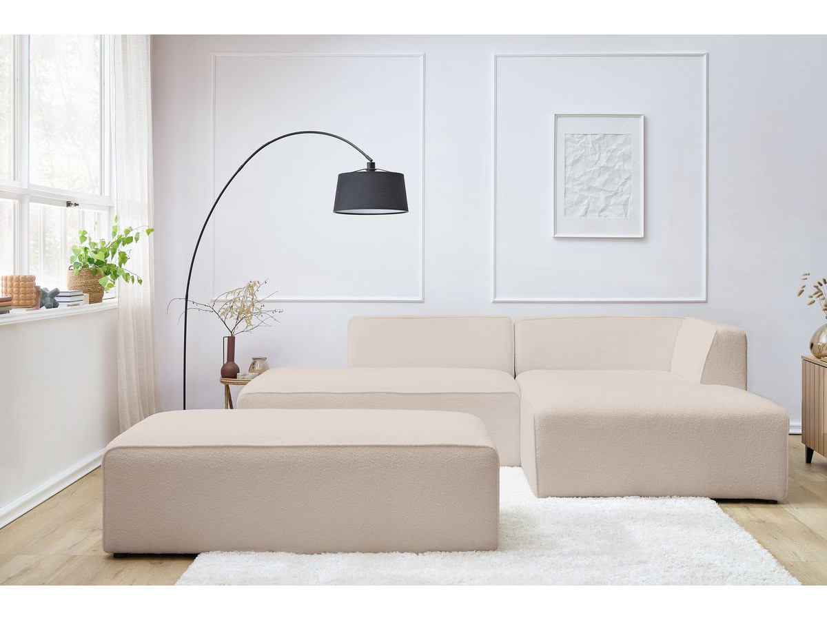 Canapé d'angle fixe modulable MEGEVE tissu bouclette avec pouf