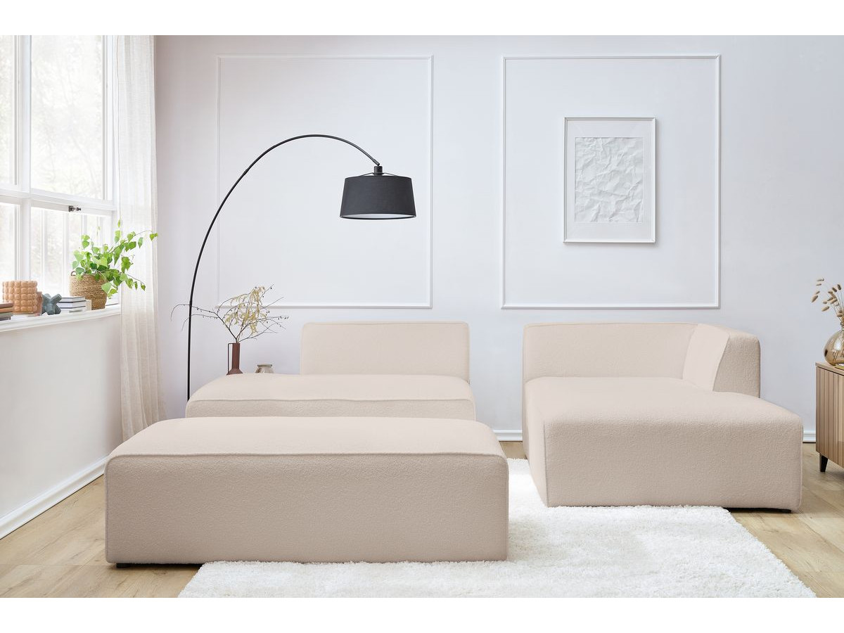 Canapé d'angle fixe modulable MEGEVE tissu bouclette avec pouf