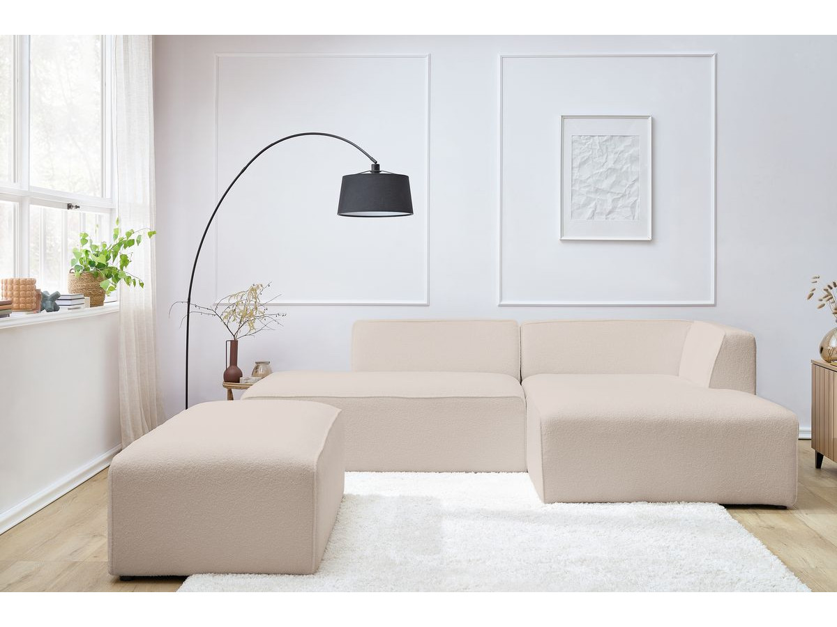 Canapé d'angle fixe modulable MEGEVE tissu bouclette avec pouf