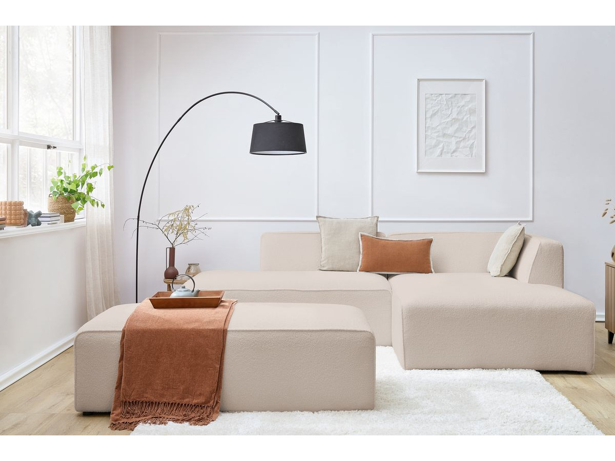 Canapé d'angle fixe modulable MEGEVE tissu bouclette avec pouf