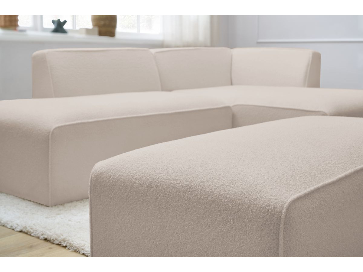 Canapé d'angle fixe modulable MEGEVE tissu bouclette avec pouf