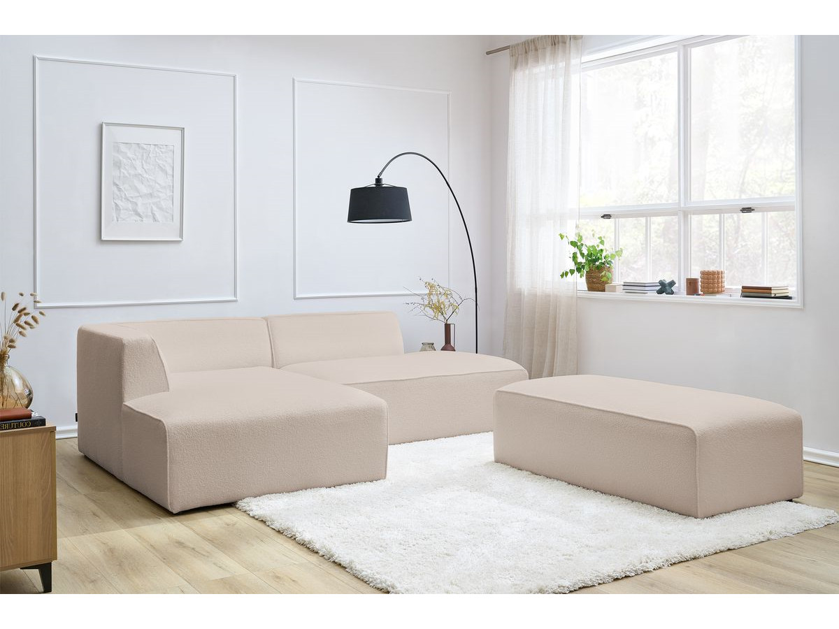 Canapé d'angle fixe modulable MEGEVE tissu bouclette avec pouf