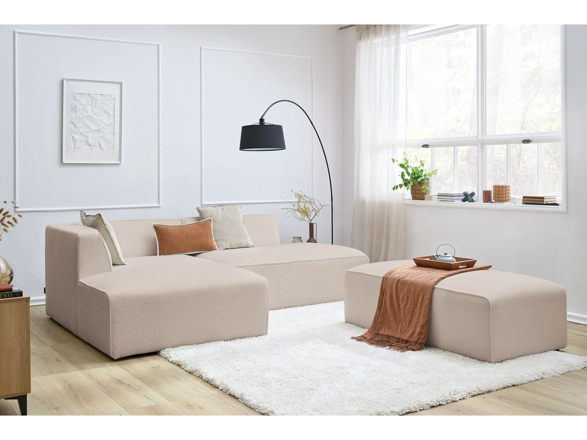 Canapé d'angle fixe modulable MEGEVE tissu bouclette avec pouf