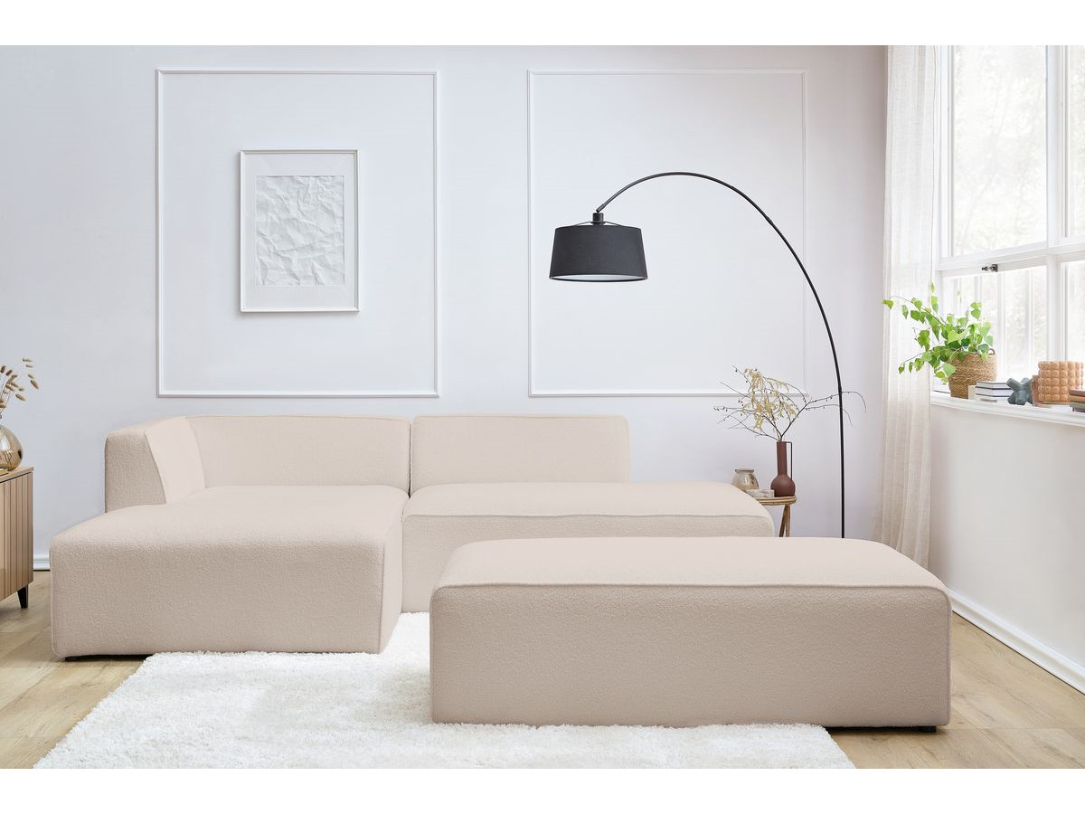 Canapé d'angle fixe modulable MEGEVE tissu bouclette avec pouf