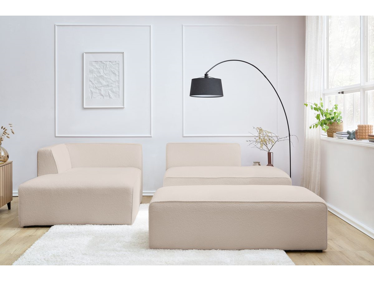 Canapé d'angle fixe modulable MEGEVE tissu bouclette avec pouf