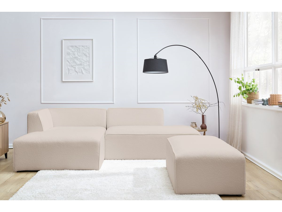 Canapé d'angle fixe modulable MEGEVE tissu bouclette avec pouf