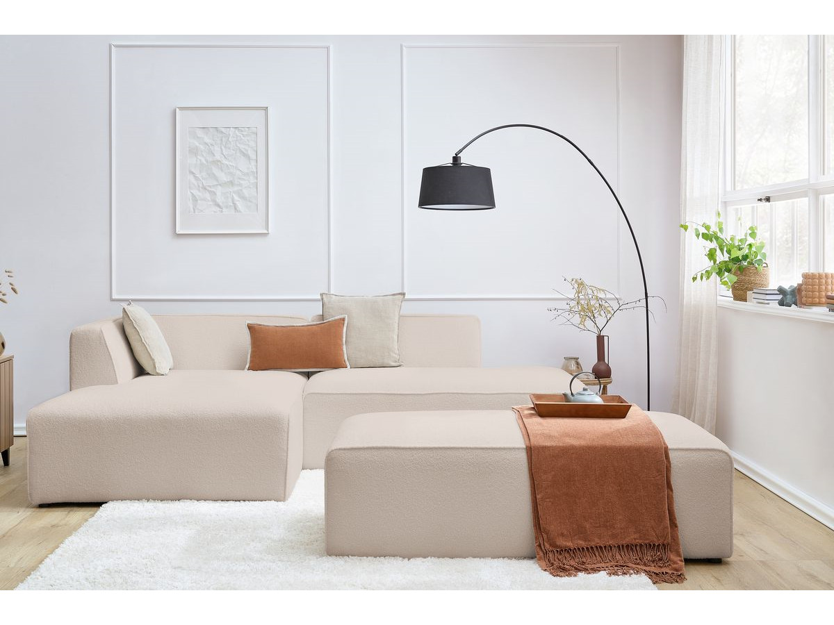 Canapé d'angle fixe modulable MEGEVE tissu bouclette avec pouf