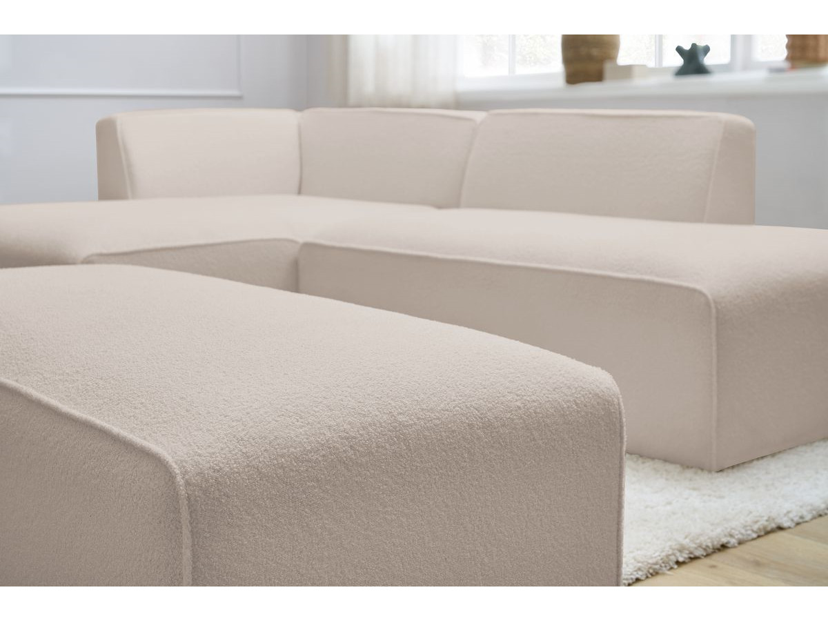Canapé d'angle fixe modulable MEGEVE tissu bouclette avec pouf