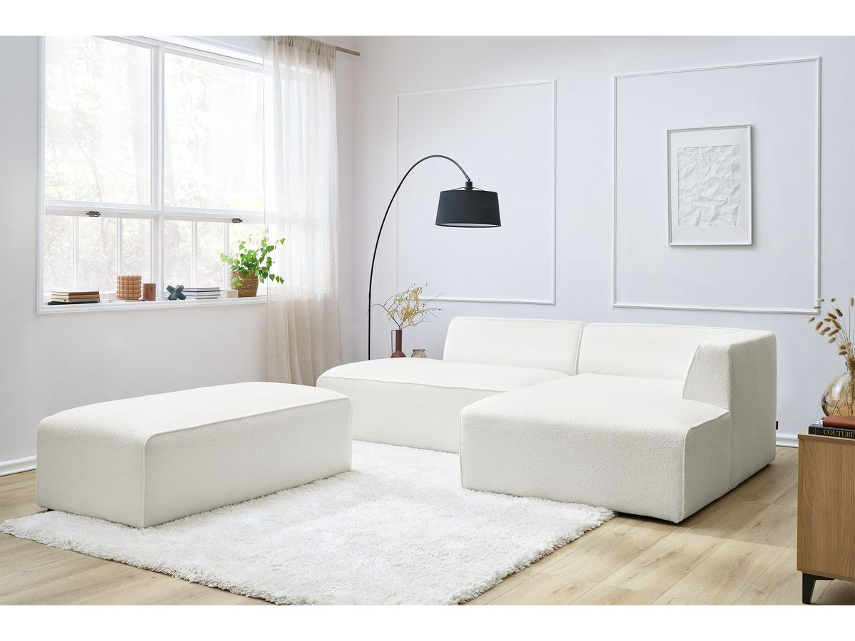 Canapé d'angle fixe modulable MEGEVE tissu bouclette avec pouf