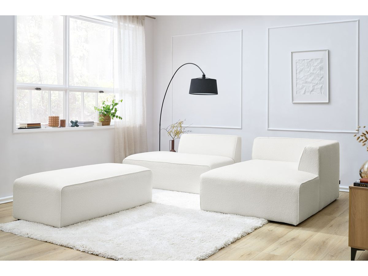 Canapé d'angle fixe modulable MEGEVE tissu bouclette avec pouf blanc angle droit BOBOCHIC 5 places - Vue supplémentaire 3