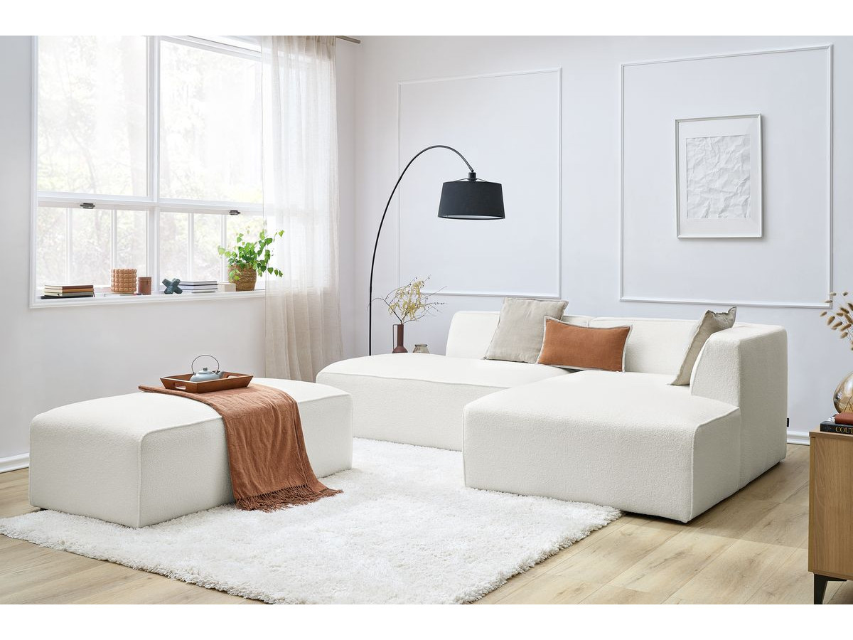 Canapé d'angle fixe modulable MEGEVE tissu bouclette avec pouf