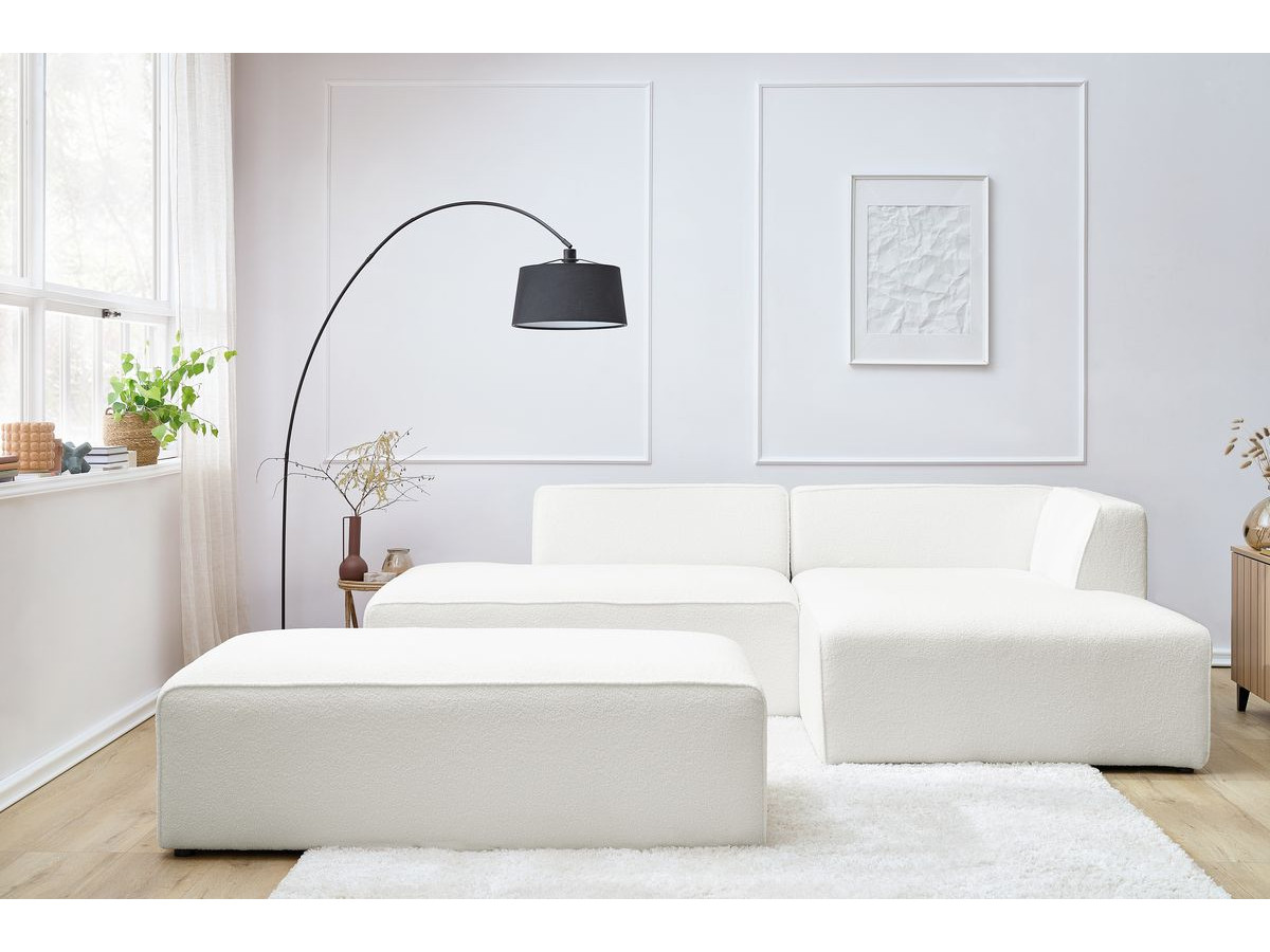 Canapé d'angle fixe modulable MEGEVE tissu bouclette avec pouf