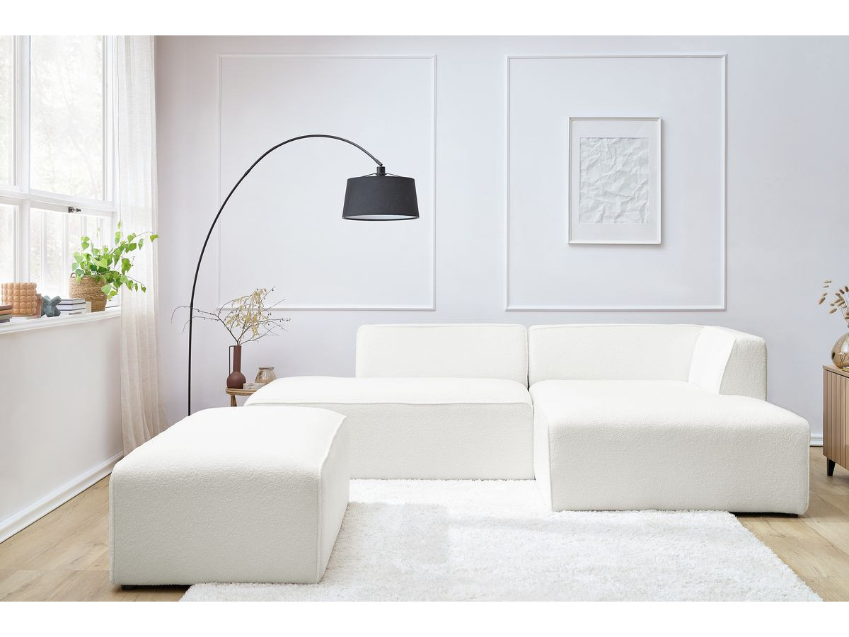 Canapé d'angle fixe modulable MEGEVE tissu bouclette avec pouf