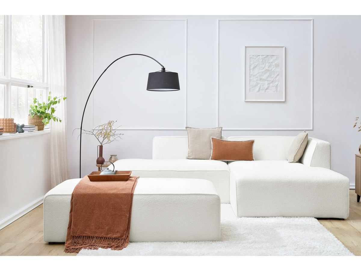Canapé d'angle fixe modulable MEGEVE tissu bouclette avec pouf