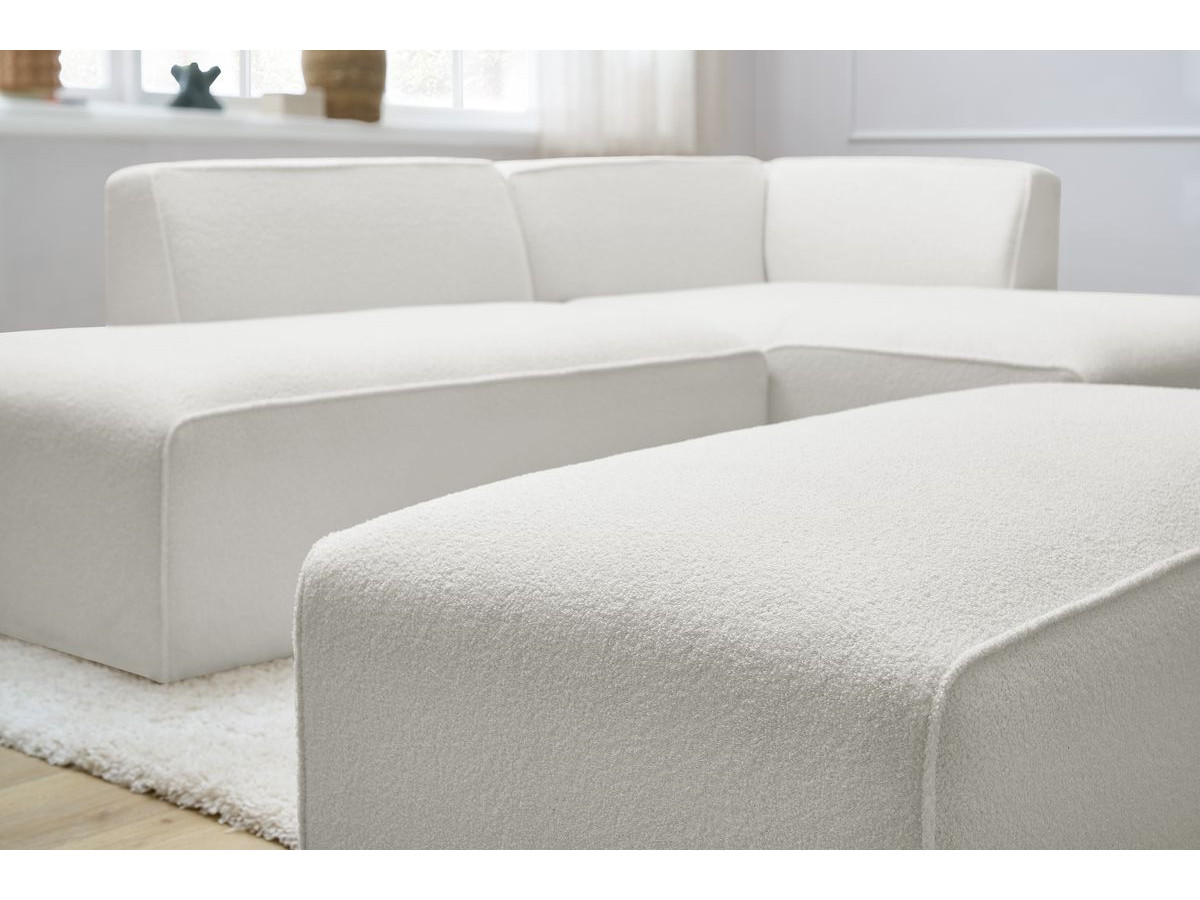 Canapé d'angle fixe modulable MEGEVE tissu bouclette avec pouf