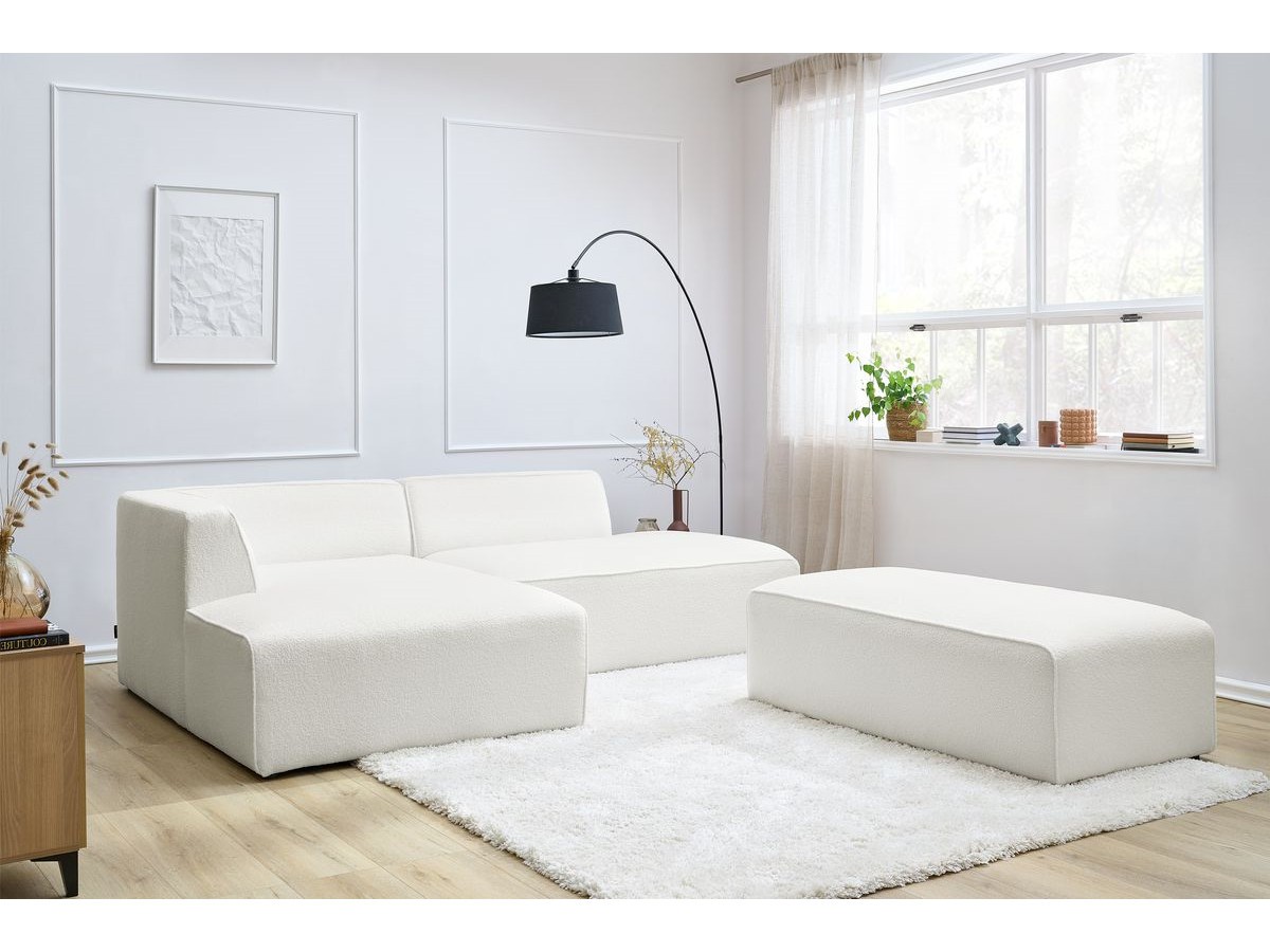 Canapé d'angle fixe modulable MEGEVE tissu bouclette avec pouf