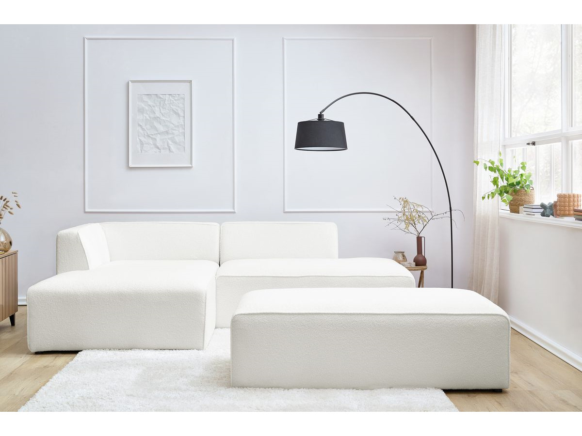 Canapé d'angle fixe modulable MEGEVE tissu bouclette avec pouf
