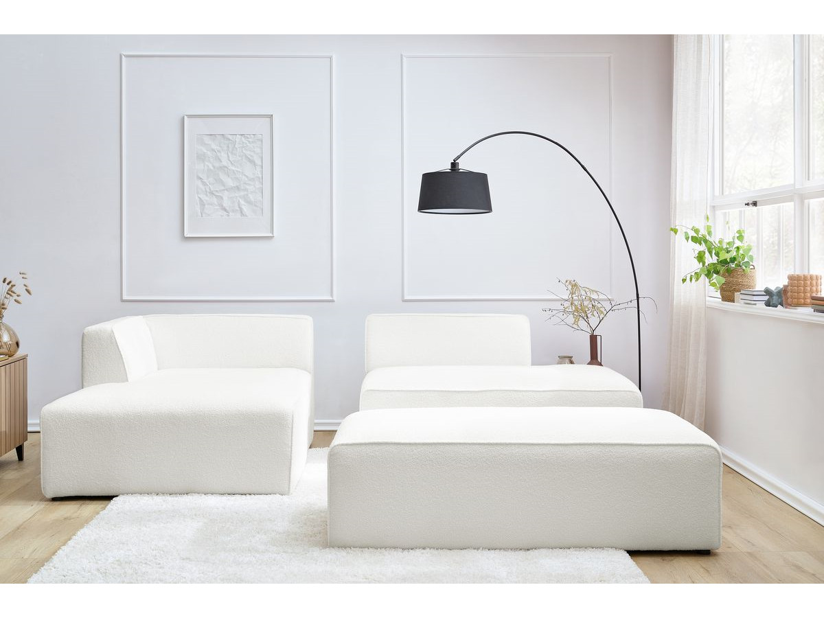 Canapé d'angle fixe modulable MEGEVE tissu bouclette avec pouf