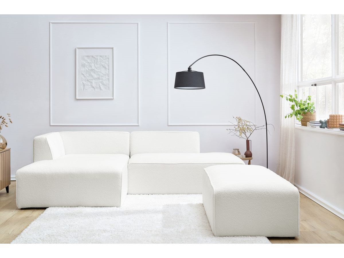 Canapé d'angle fixe modulable MEGEVE tissu bouclette avec pouf