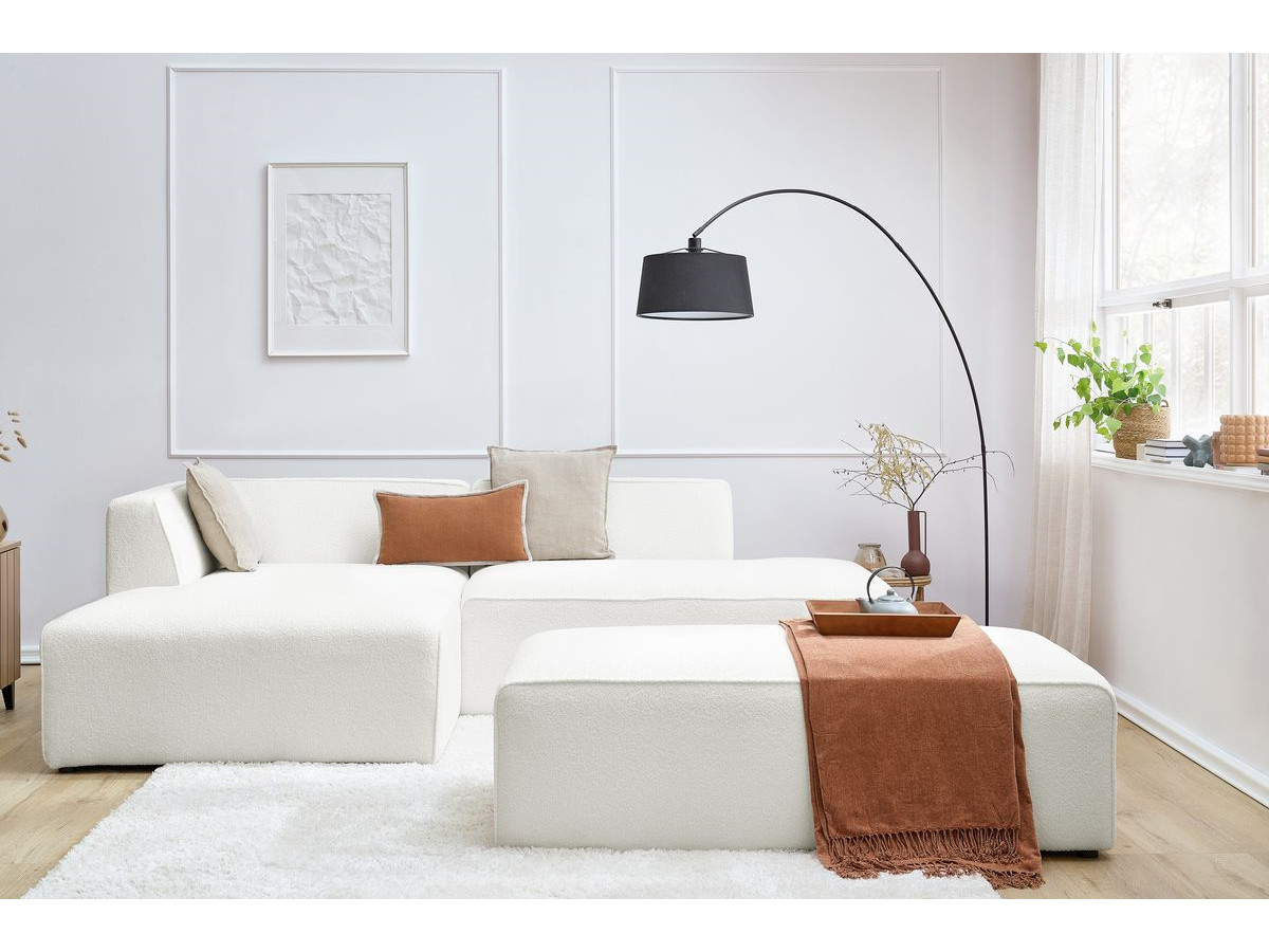 Canapé d'angle fixe modulable MEGEVE tissu bouclette avec pouf