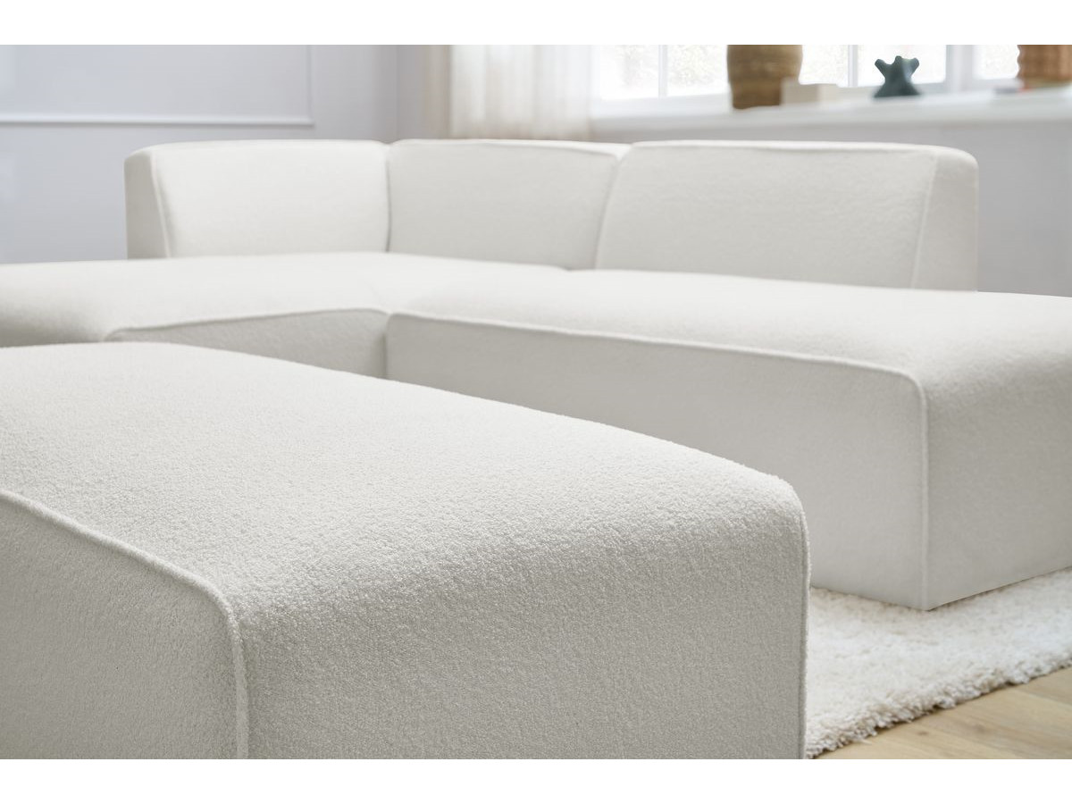 Canapé d'angle fixe modulable MEGEVE tissu bouclette avec pouf