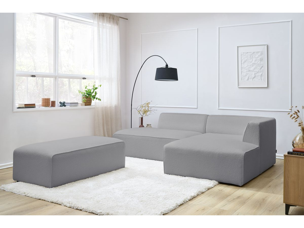 Canapé d'angle fixe modulable MEGEVE tissu bouclette avec pouf