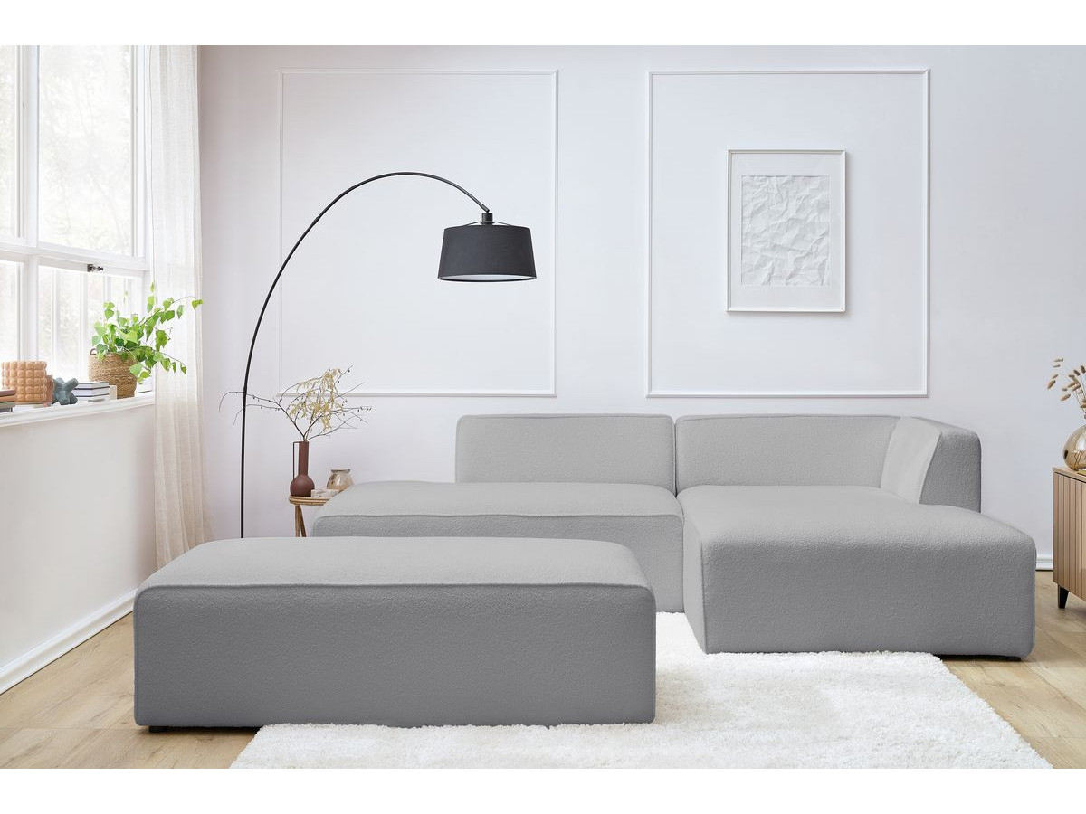 Canapé d'angle fixe modulable MEGEVE tissu bouclette avec pouf