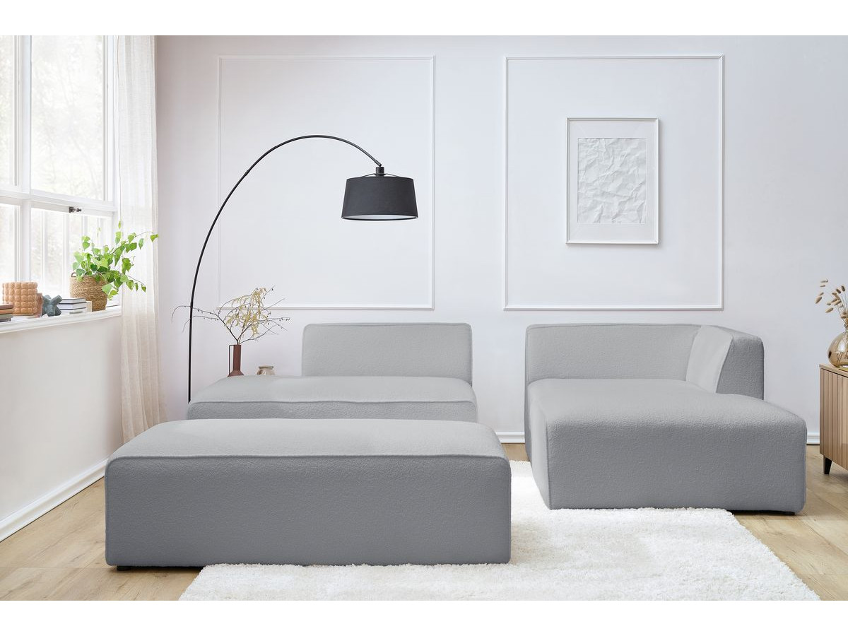 Canapé d'angle fixe modulable MEGEVE tissu bouclette avec pouf