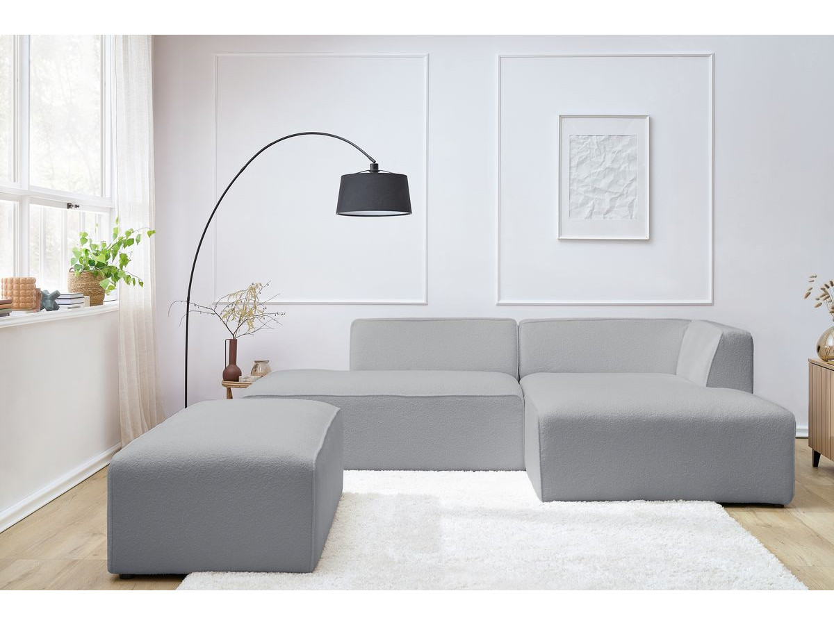 Canapé d'angle fixe modulable MEGEVE tissu bouclette avec pouf