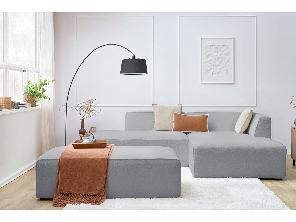 Canapé d'angle fixe modulable MEGEVE tissu bouclette avec pouf