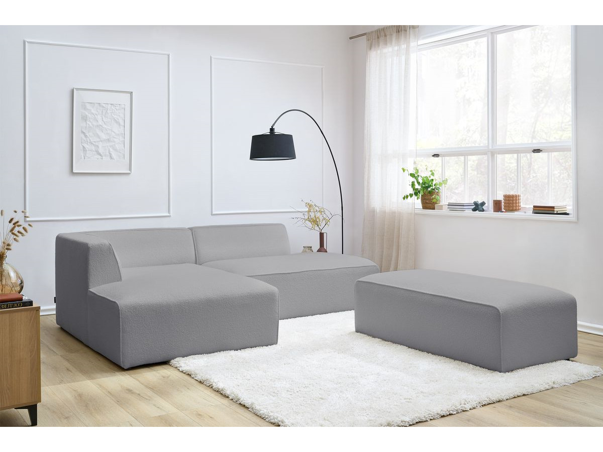 Canapé d'angle fixe modulable MEGEVE tissu bouclette avec pouf
