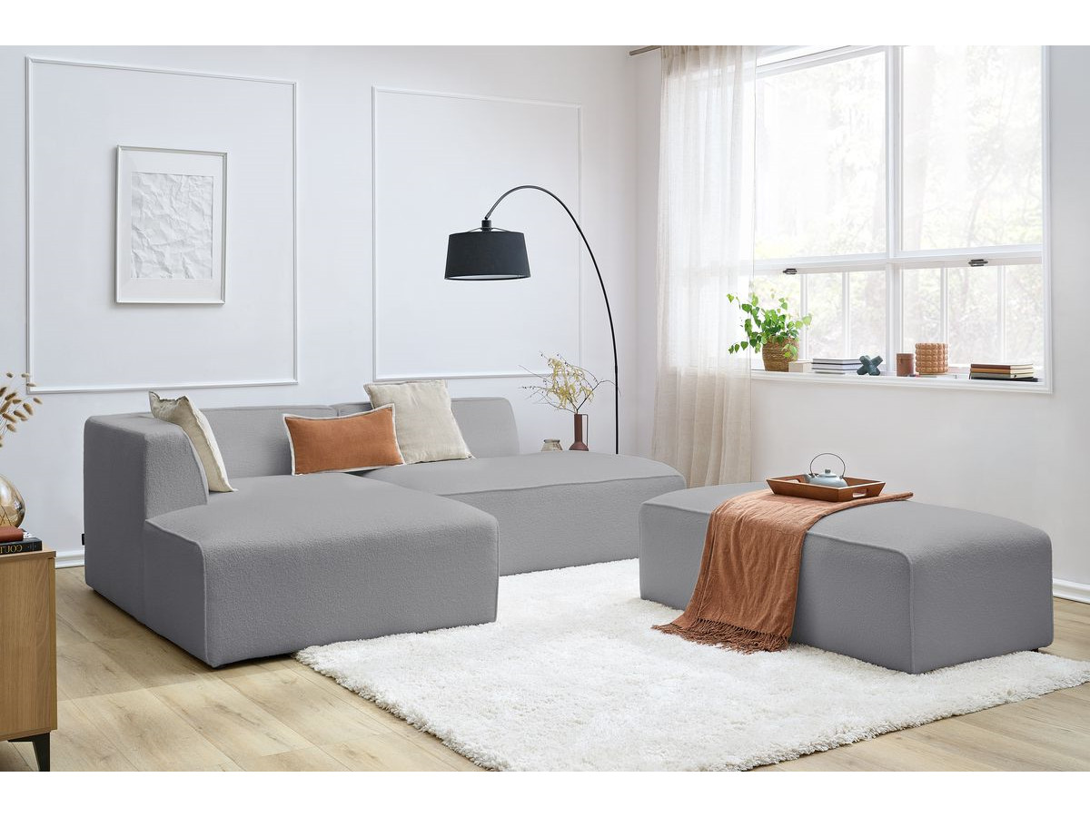 Canapé d'angle fixe modulable MEGEVE tissu bouclette avec pouf