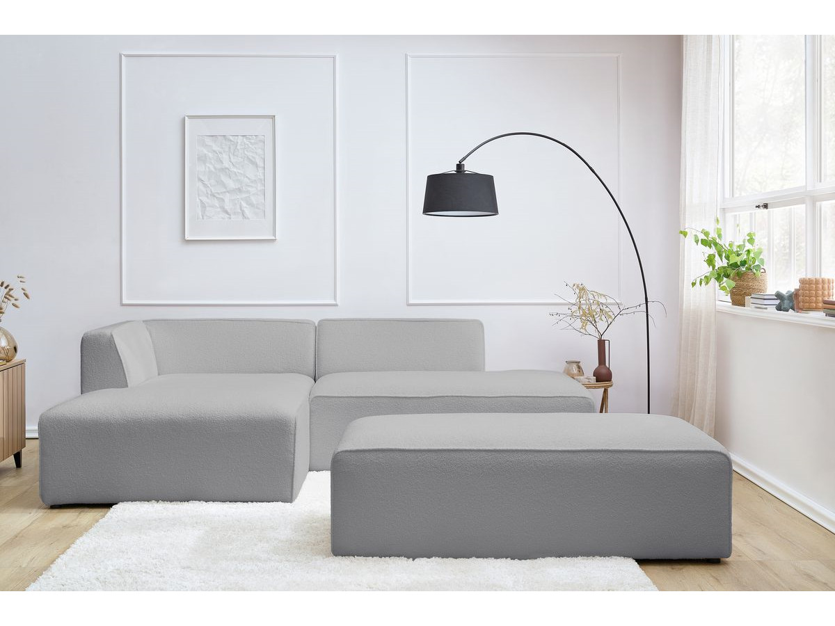 Canapé d'angle fixe modulable MEGEVE tissu bouclette avec pouf