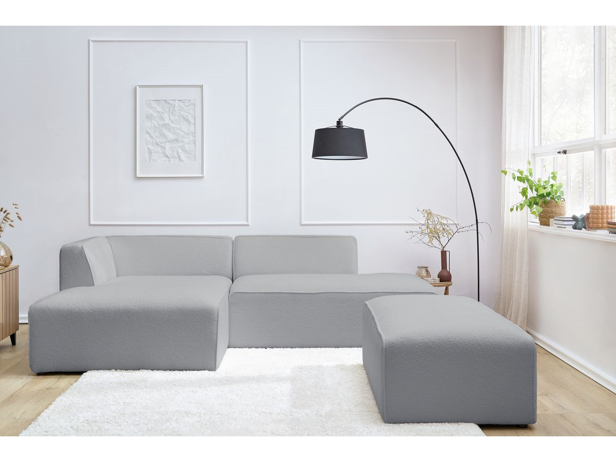 Canapé d'angle fixe modulable MEGEVE tissu bouclette avec pouf