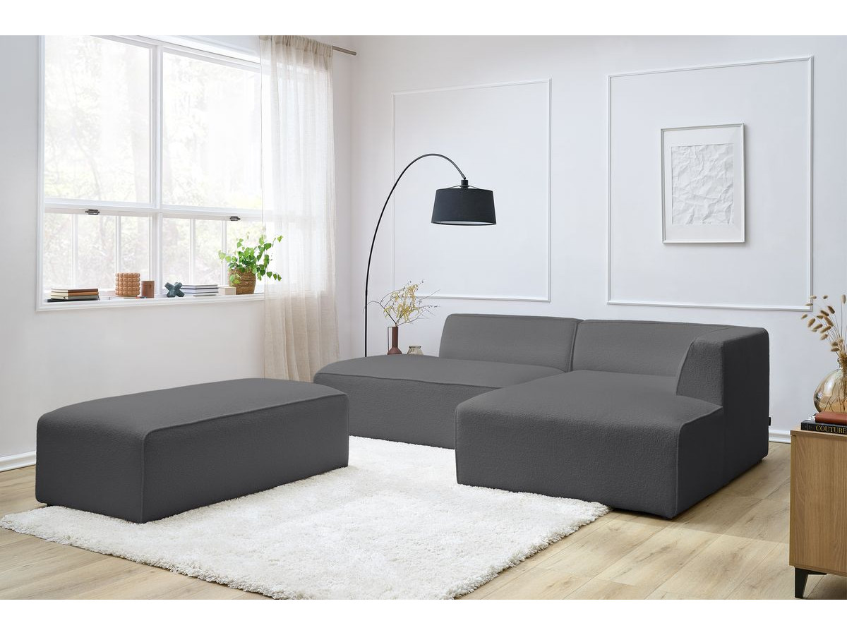 Canapé d'angle fixe modulable MEGEVE tissu bouclette avec pouf