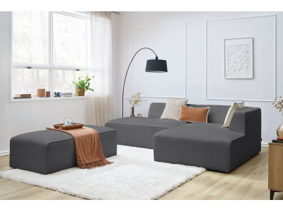 Canapé d'angle fixe modulable MEGEVE tissu bouclette avec pouf