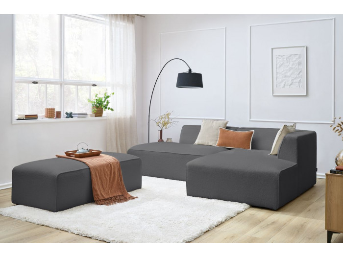 Canapé d'angle fixe modulable MEGEVE tissu bouclette avec pouf