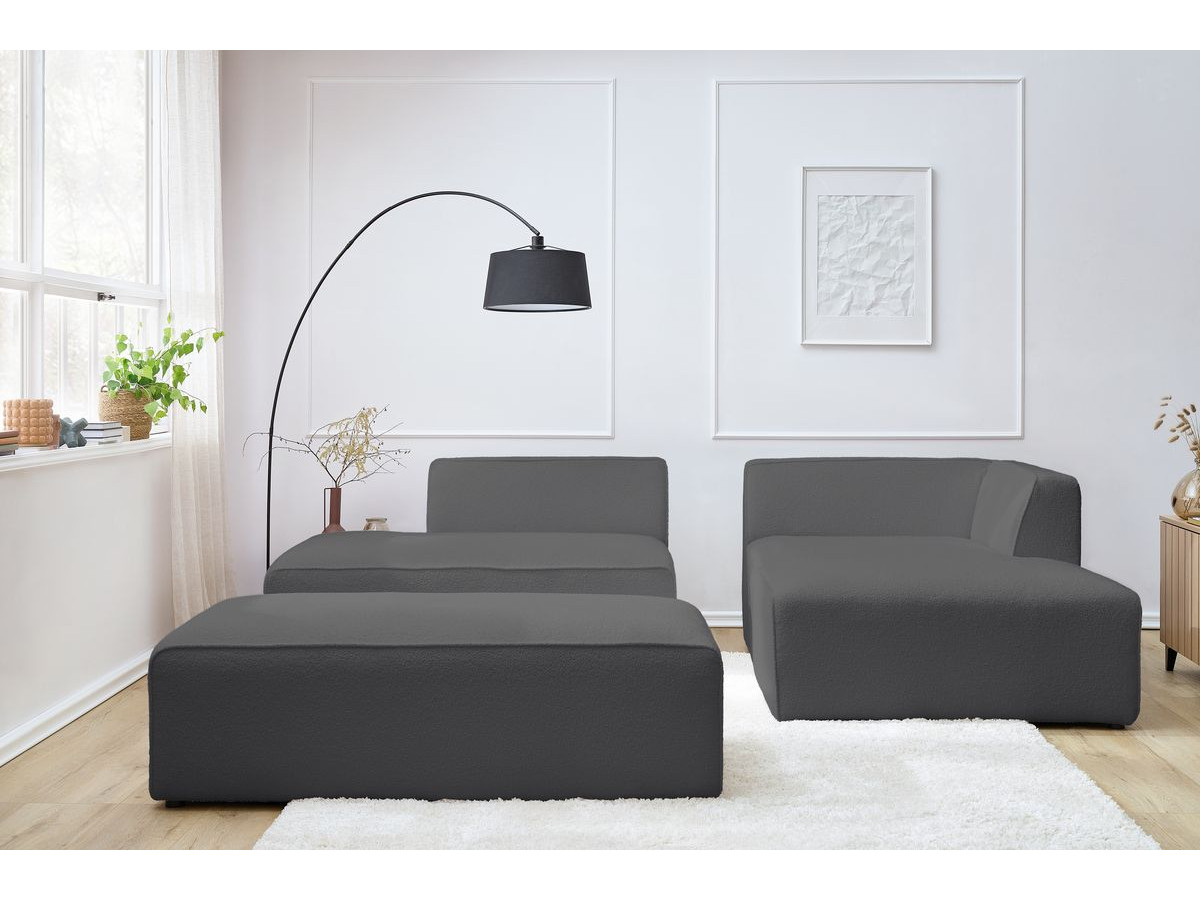 Canapé d'angle fixe modulable MEGEVE tissu bouclette avec pouf