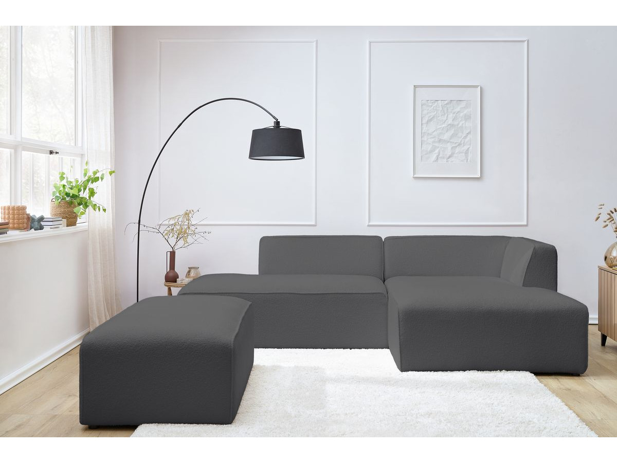Canapé d'angle fixe modulable MEGEVE tissu bouclette avec pouf